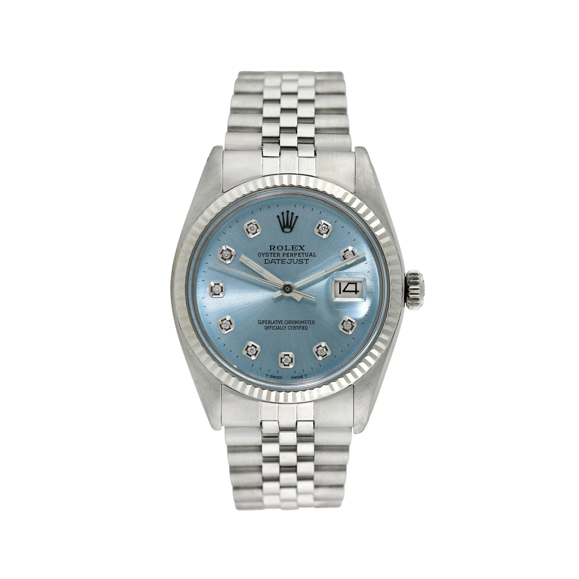 Pre-Owned Rolex 1500 Men's 34mm Date Wristwatch Mother of Pearl Diamond (3 Year Warranty) (Good)