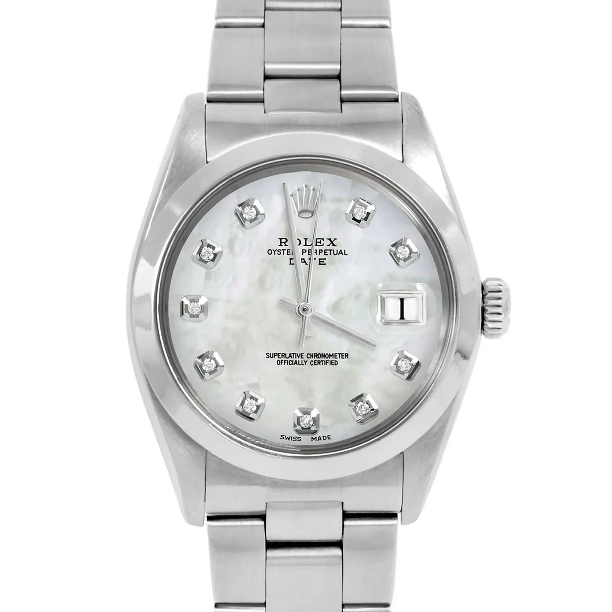 Pre-Owned Rolex 1500 Men's 34mm Date Wristwatch Mother of Pearl Diamond (3 Year Warranty) (Good)