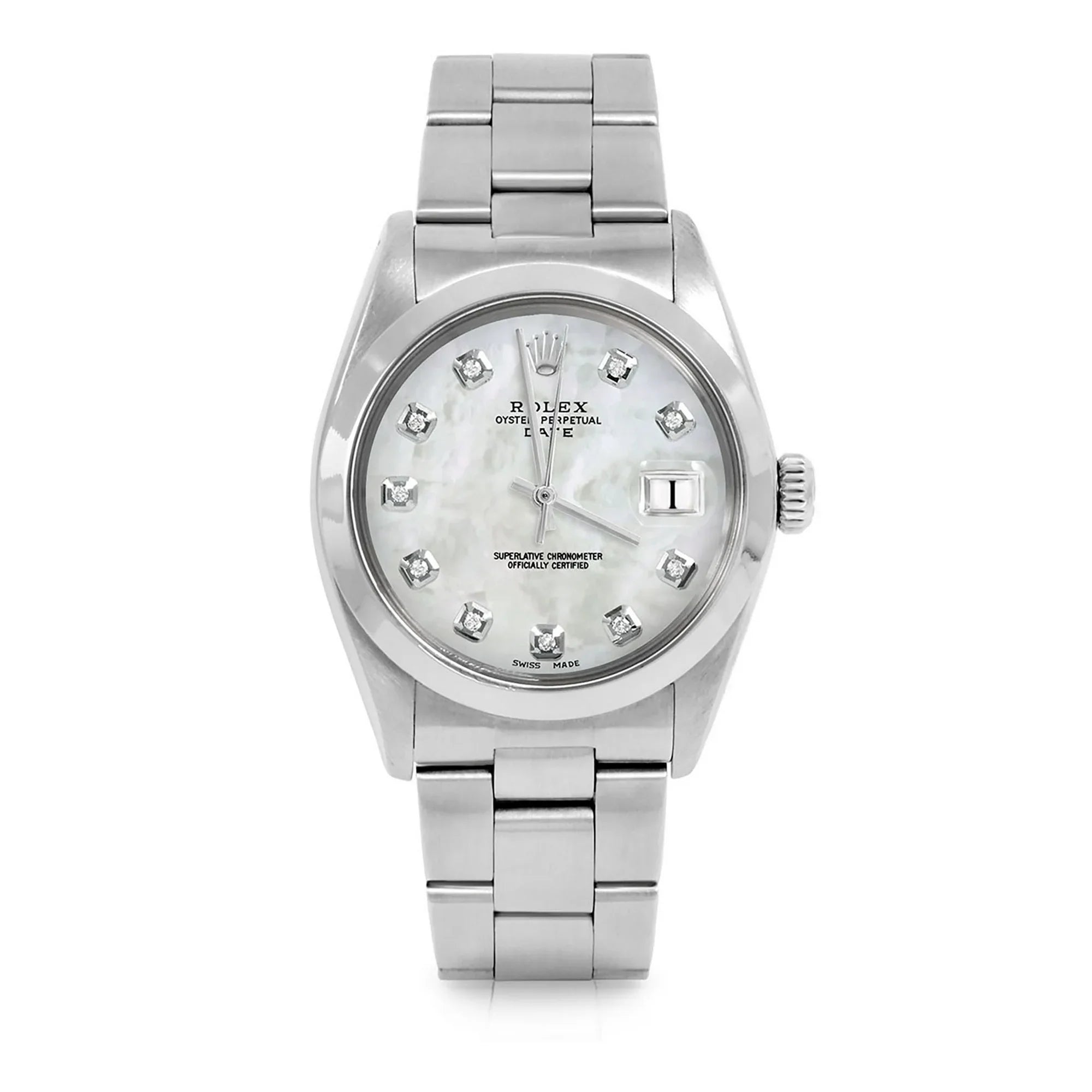 Pre-Owned Rolex 1500 Men's 34mm Date Wristwatch Mother of Pearl Diamond (3 Year Warranty) (Good)