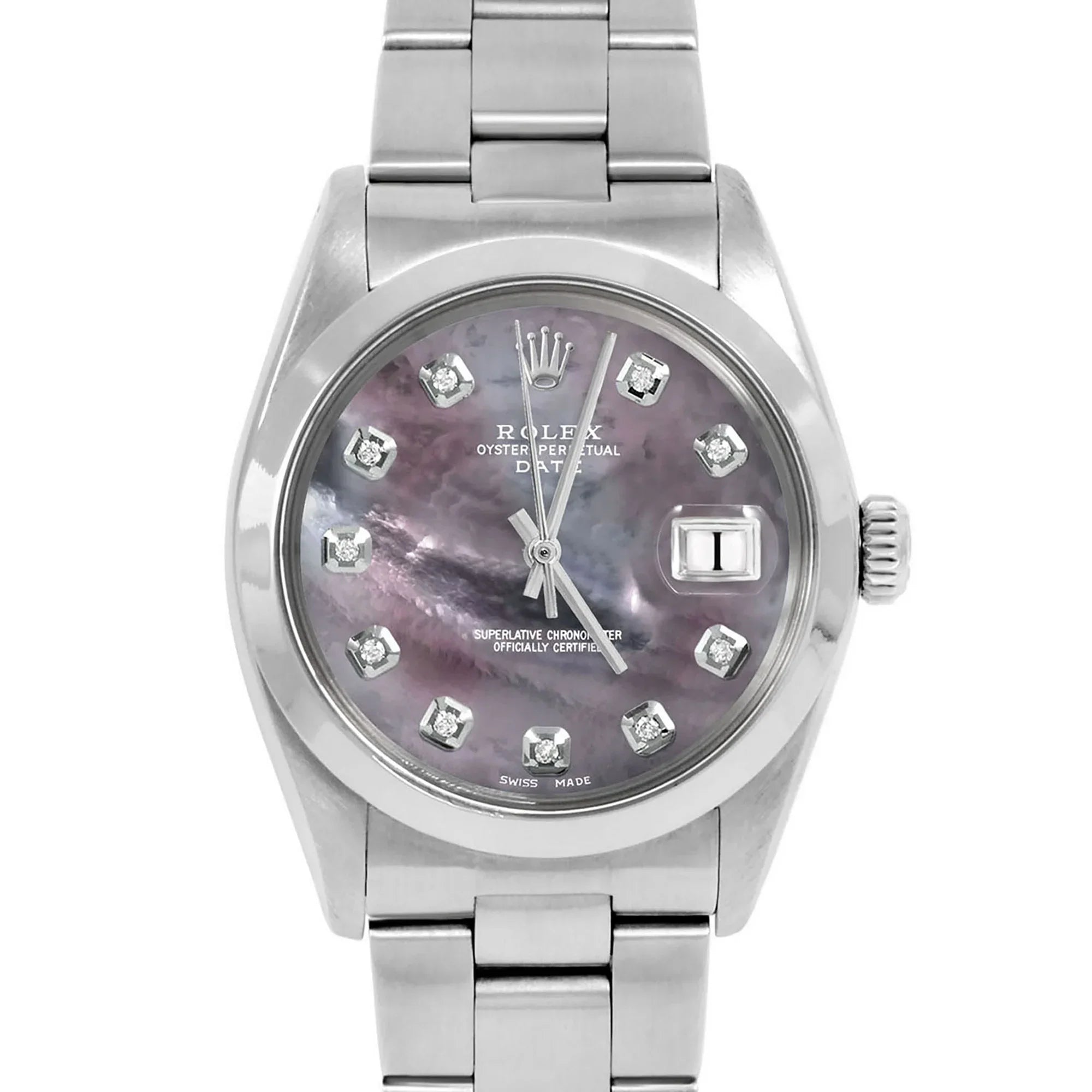 Pre-Owned Rolex 1500 Men's 34mm Date Watch, Custom Black Mother of Pearl Diamond Dial &amp; Rolex Stainless Steel Smooth / Domed Bezel on Rolex Stainless Steel Oyster Band