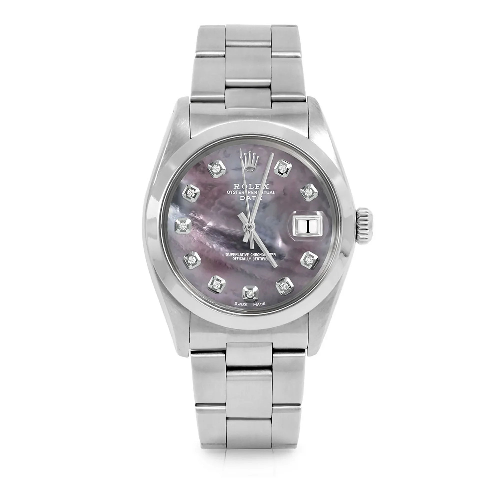 Pre-Owned Rolex 1500 Men's 34mm Date Watch, Custom Black Mother of Pearl Diamond Dial &amp; Rolex Stainless Steel Smooth / Domed Bezel on Rolex Stainless Steel Oyster Band